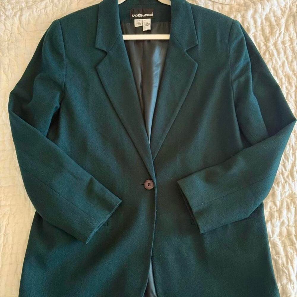 Vintage 90s sag harbor forest green 100% pure wool blazer jacket size 14